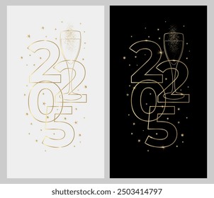 New Year banner or card design with line drawing of sparkling wine glass and number 2025. Minimalist style with golden contour lines. Vector illustration