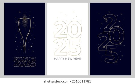 Anuncio de Nuevo año o Plantilla de diseño de tarjeta con dibujo de línea del número 2025. Estilo minimalista con líneas de contorno dorado. Ilustración vectorial