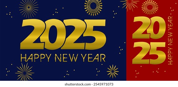 New Year banner or card design template with line drawing of number 2025. Minimalist style with golden contour lines. Vector illustration