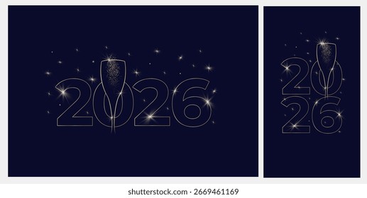 Projeto de banner ou cartão de Ano Novo com desenho de linha de vidro espumante e número 2026. Estilo minimalista com linhas de contorno douradas. Ilustração vetorial