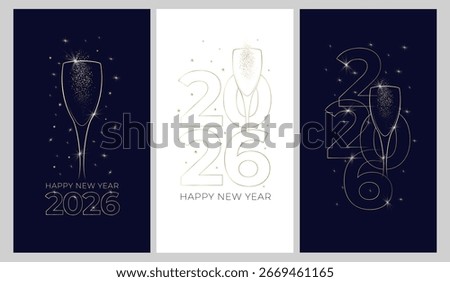 New Year banner or card design with line drawing of sparkling wine glass and number 2026. Minimalist style with golden contour lines. Vector illustration
