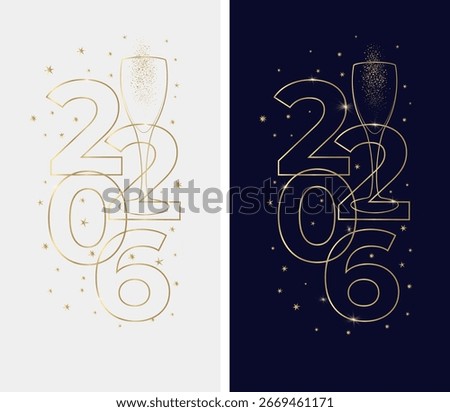 New Year banner or card design with line drawing of sparkling wine glass and number 2026. Minimalist style with golden contour lines. Vector illustration