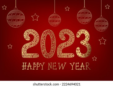 New year banner or card with golden number 2023 on red background. Vector illustration