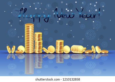 New Year banner card with the image of gold coins laid out in piles on a glass table, on a blue background with snowflakes.