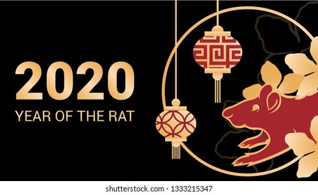 New year banner with Chinese lanterns, violets flowers and rat. New year 2020. Black gold backround. 2020 new year symbol.