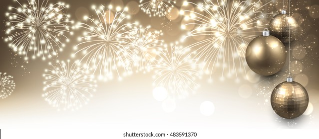 New Year banner with Christmas balls and fireworks. Vector illustration.