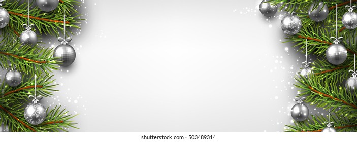 New Year banner with Christmas balls and fir branches. Vector illustration.