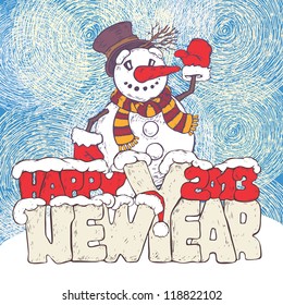 New Year Banner With Christmas Snow Man And Words Happy New Year 2013. colorful vector illustration.