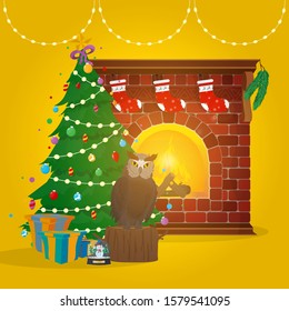 New Year banner. Christmas tree, Fireplace with a bonfire, Owl, gifts, winter ball. Yellow christmas background