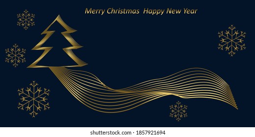 New Year banner with Christmas tree, snowflakes and wavy lines, vector
