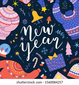 New year banner with colorful cartoon illustrations on black background, christmas symbols. Vector square template for greeting card, social media post or print poster. ready to print poster or card.