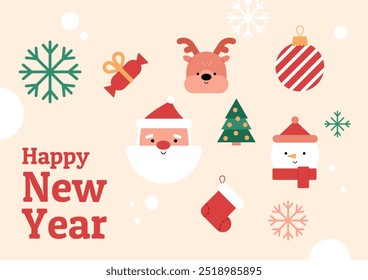 New Year banner with cute characters and simple elements. Santa Claus face, deer, snowman, sock and snowflakes on light background. Vector Christmas illustration.