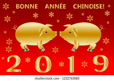 New Year banner with cute golden pigs, inscription Happy Chinese New Year 2019 in French and golden snowflakes of various shapes and sizes. Vector illustration.