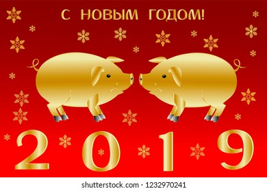 New Year banner with cute golden pigs, inscription Happy  New Year 2019 in Russian and golden snowflakes of various shapes and sizes. Vector illustration.