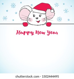 New Year banner with cute Mouse in Santa Claus hat with space for text. Zodiac rat of 2020 chinese year. Vector illustration.