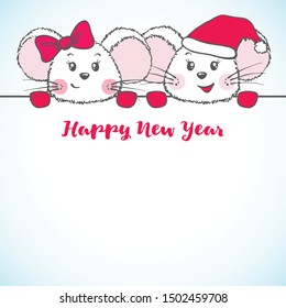 New Year banner with cute Mouse in Santa Claus hat with space for text. Zodiac rat of 2020 chinese year. Vector illustration.