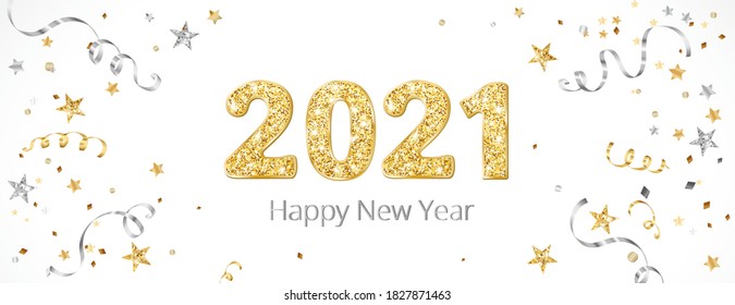 New year banner with decoration. 2021 gold glitter numbers. Falling confetti ribbons and stars. Gold and silver frame. For Christmas and winter holiday headers, party flyers. Vector illustration.