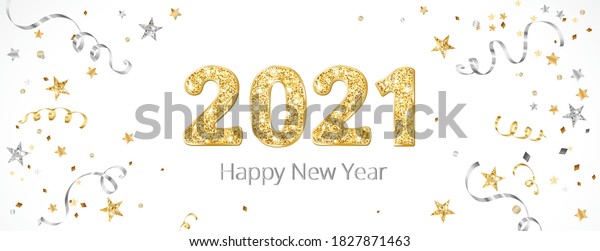 New year banner with decoration. 2021 gold\
glitter numbers. Falling confetti ribbons and stars. Gold and\
silver frame. For Christmas and winter holiday headers, party\
flyers. Vector\
illustration.