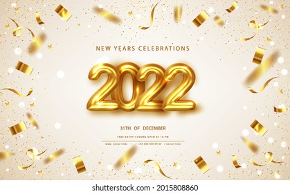 New year banner with decoration. 2022 gold numbers with golden balloons and shimmering confetti. For Christmas and winter holiday party flyers. Vector illustration.