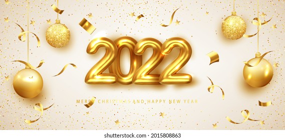 New year banner with decoration. 2022 gold numbers with golden balloons and shimmering confetti. For Christmas and winter holiday party flyers. Vector illustration.