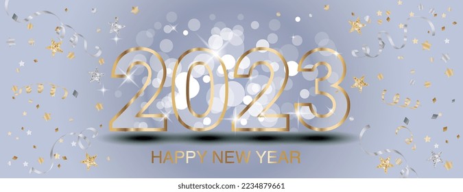 New year banner with decoration. 2023 gold glitter numbers. Falling confetti ribbons and stars. Gold and silver frame. For Christmas and winter holiday headers, party flyers. Vector illustration.