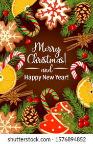 New Year banner, decorative Christmas elements, green tree branches, oranges, gingerbread cookies, cinnamon. Congratulatory text. Vector image