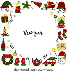 New year banner design with bright colorful hand drawn illustrations, christmas symbols made as background. Vector template for greeting card, social media post or print poster.