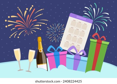 New Year banner design. Gift boxes, champagne bottle and flutes, calendar vector illustration with fireworks on background. New Year celebration, party concept