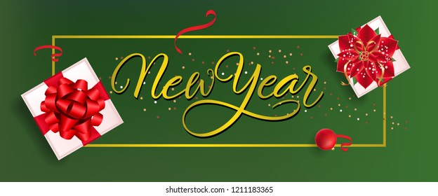New Year banner design. Red bauble, confetti, gift boxes with ribbons and poinsettia on green background. Template can be used for flyers, sale posters, greeting cards
