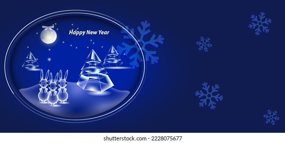 New Year banner design template with bunnies, Christmas trees and the moon. Space for your text