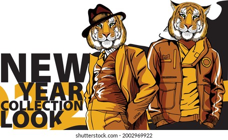 New Year banner for a fashionable men's clothing store. A tiger in a suit and a hat, a tiger in an aviator's jacket on the background of the text New Year, New Collection, New Look.