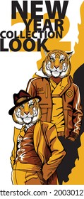 New Year banner for a fashionable men's clothing store. A tiger in a suit and a hat, a tiger in an aviator's jacket on the background of the text New Year, New Collection, New Look.