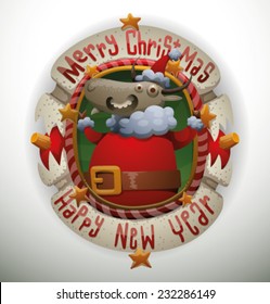 New Year Banner with a goat wearing Santa's clothes, vector