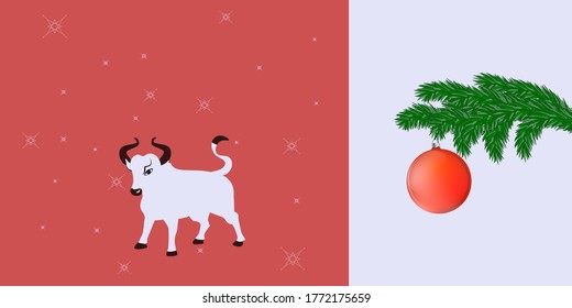 New Year banner - goby, spruce branch, Christmas ball - red and white background - vector. svg