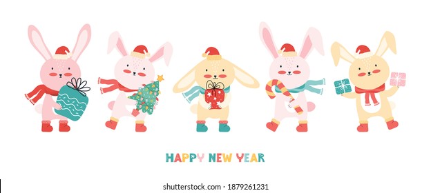 New year banner with a group happy baby rabbits in Santa hat with a Christmas tree, gifts, and candy cane. Christmas funny cartoon animals. Bunnies having fun on winter holiday. Vector illustration