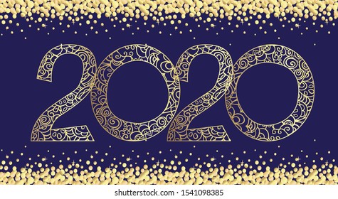 New Year banner with hand-drawn pattern of numbers 2020 and flying confetti. Golden vector gradient on a dark blue background.