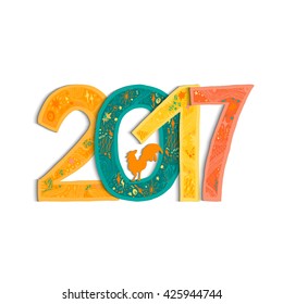 New Year Banner with lettering 2017 and cock for print, poster, sticker. Happy new year greeting card with xmas doodles. . Vector