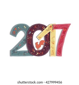 New Year Banner with lettering 2017 and cock for print, poster, sticker. Happy new year greeting card with xmas doodles. . Vector