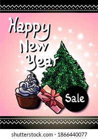 New year banner, light pink background, cartoon style, stars, sale, circle, sparkle, cupcake, fir cone, fir, sale, present, box , clearance sale, template, poster, card, New year, shopping, magazine