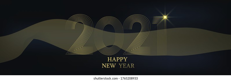 New Year banner. The numbers 2021 are made of gold lines. Stripes on a dark background with shine. Merry Christmas and happy new year.