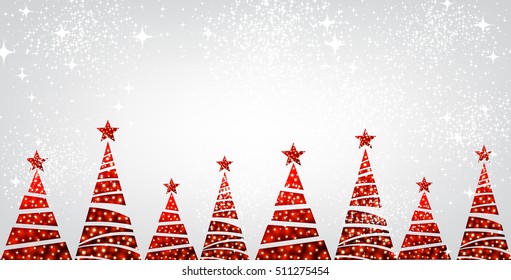 New Year banner with original red Christmas trees. Vector illustration.