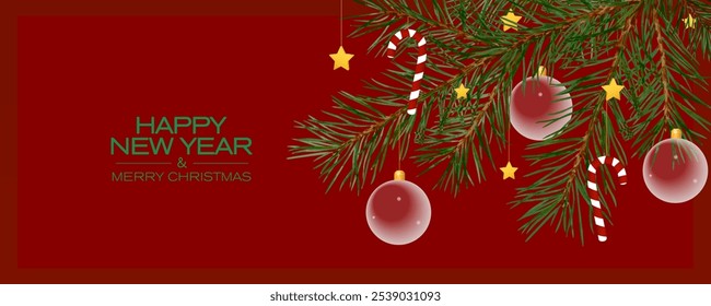 Anuncio de año Nuevo con ramas de pino, juguetes de Navidades y caramelos sobre un fondo rojo. Ilustración de saludo del año Nuevo.