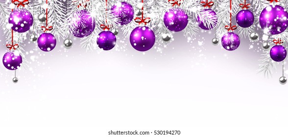 New Year Banner With Purple Christmas Balls. Vector Illustration.