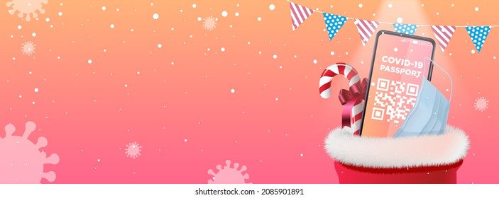 New year banner with qr code in a mobile phone. A medical mask and a lollipop in a Santa Claus hat on a background of snow and covid-19 bacteria. Order home delivery through the online store 