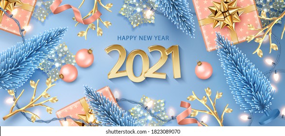 New Year banner. Realistic Golden numbers 2021. Artificial Christmas tree, gifts and decorations. 3D vector illustration