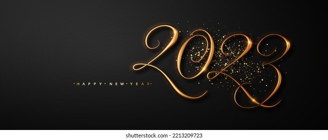 New year banner with realistic golden numbers 2023 on dark background with golden dust