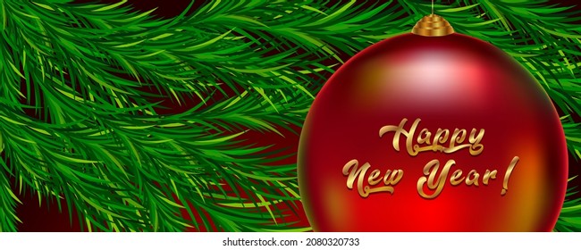 New year banner. Red Christmas tree toy on a background of green Christmas tree branches