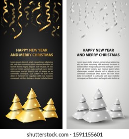 New Year banner set with abstract golden Christmas tree and serpentine. Gold Christmas Trees on black and white background with place for text.