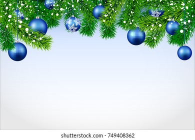 New Year banner with spruce branches and blue Christmas balls.