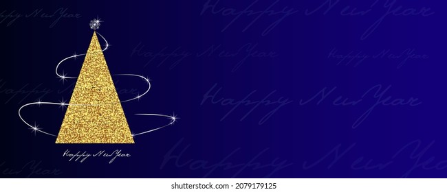 New year banner. Stylized golden christmas tree with star. Triangular tree